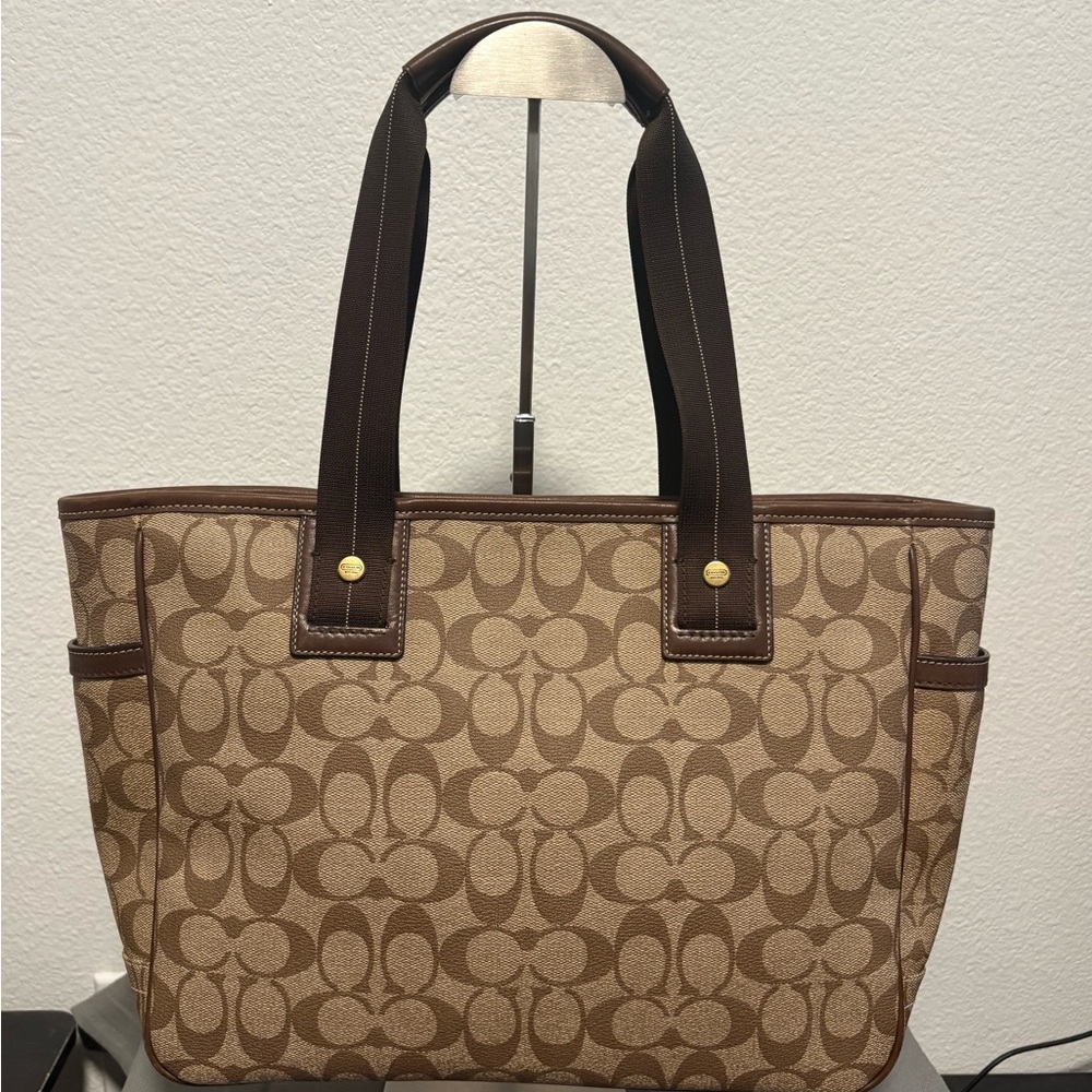 Coach Signature Canvas Tote in Brown, Tan and Red Accent - Picture 7 of 11